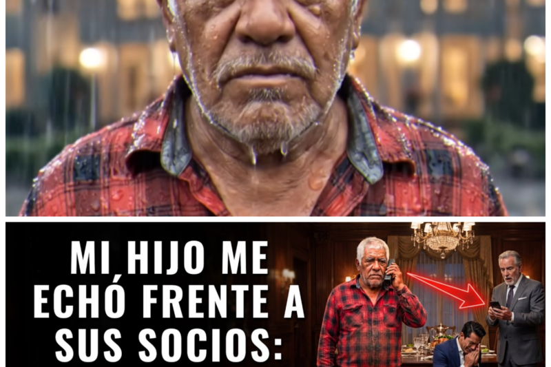 Mi propio hijo me empujó hacia la lluvia frente a cinco hombres de traje y me llamó mendigo.  Eso pasó no en una pesadilla, no en una historia que alguien me contó.  Pasó en la misma entrada de la casa que yo compré con 30 años de trabajo con los mismos dedos que ves ahora sosteniendo este teléfono.  Mira este aparato, viejo, rayado, negro.  No tiene cámara sofisticada, no tiene pantalla grande, tiene algo mejor.  tiene el número de un hombre cuya firma valía millones de dólares y que esa noche me debía un favor que jamás olvidó.  Lo que mi hijo ignoraba es que este teléfono era la llave de su ruina, no la llave de una puerta, la llave de un contrato que él nunca leyó, de una escritura que nunca buscó, de una verdad que enterré durante 23 años esperando que él madurara.  No maduró y la tierra cobró.